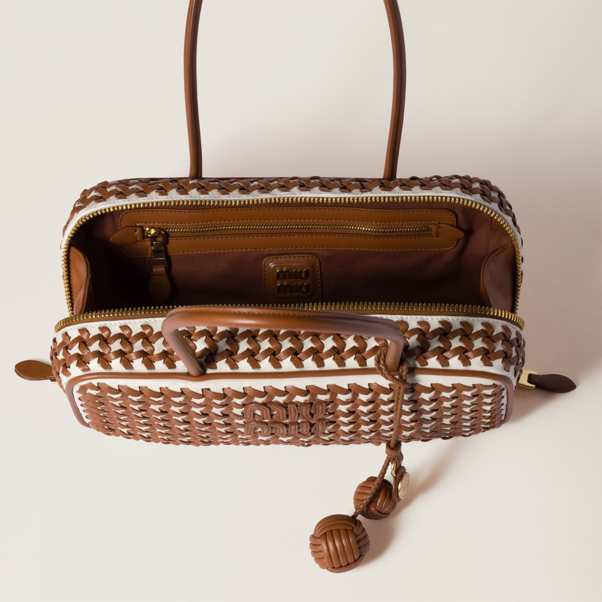 Women Beau Leather Bag - Cognac+bianco