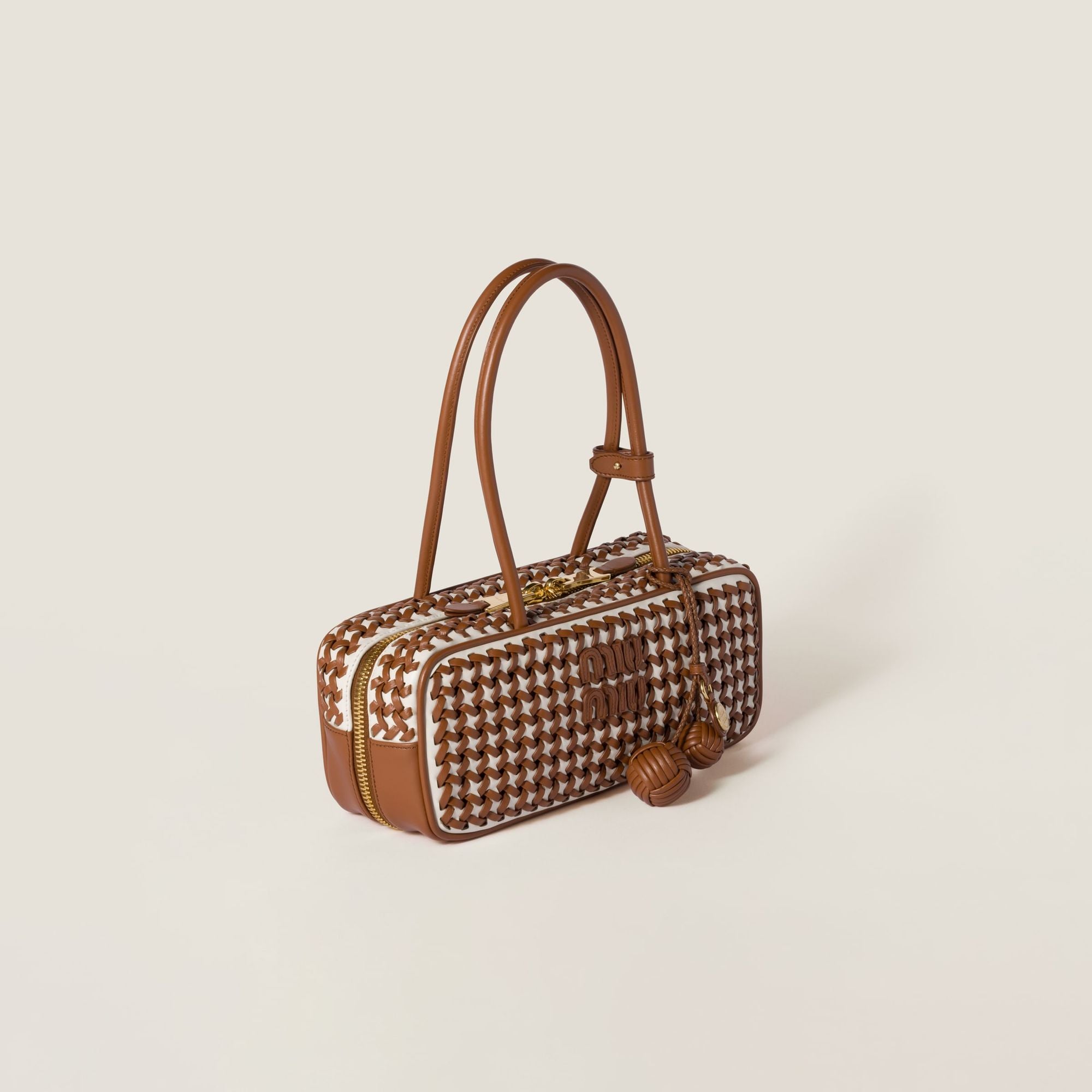 Women Beau Leather Bag - Cognac+bianco