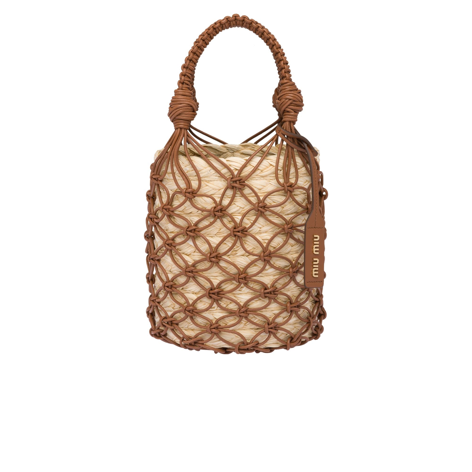 Women Leather Mesh And Straw Bucket Bag - Naturale+cognac