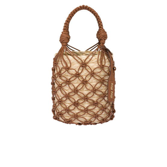 Women Leather Mesh And Straw Bucket Bag - Naturale+cognac