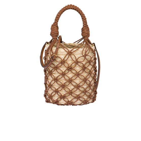Women Leather Mesh And Straw Bucket Bag - Naturale+cognac