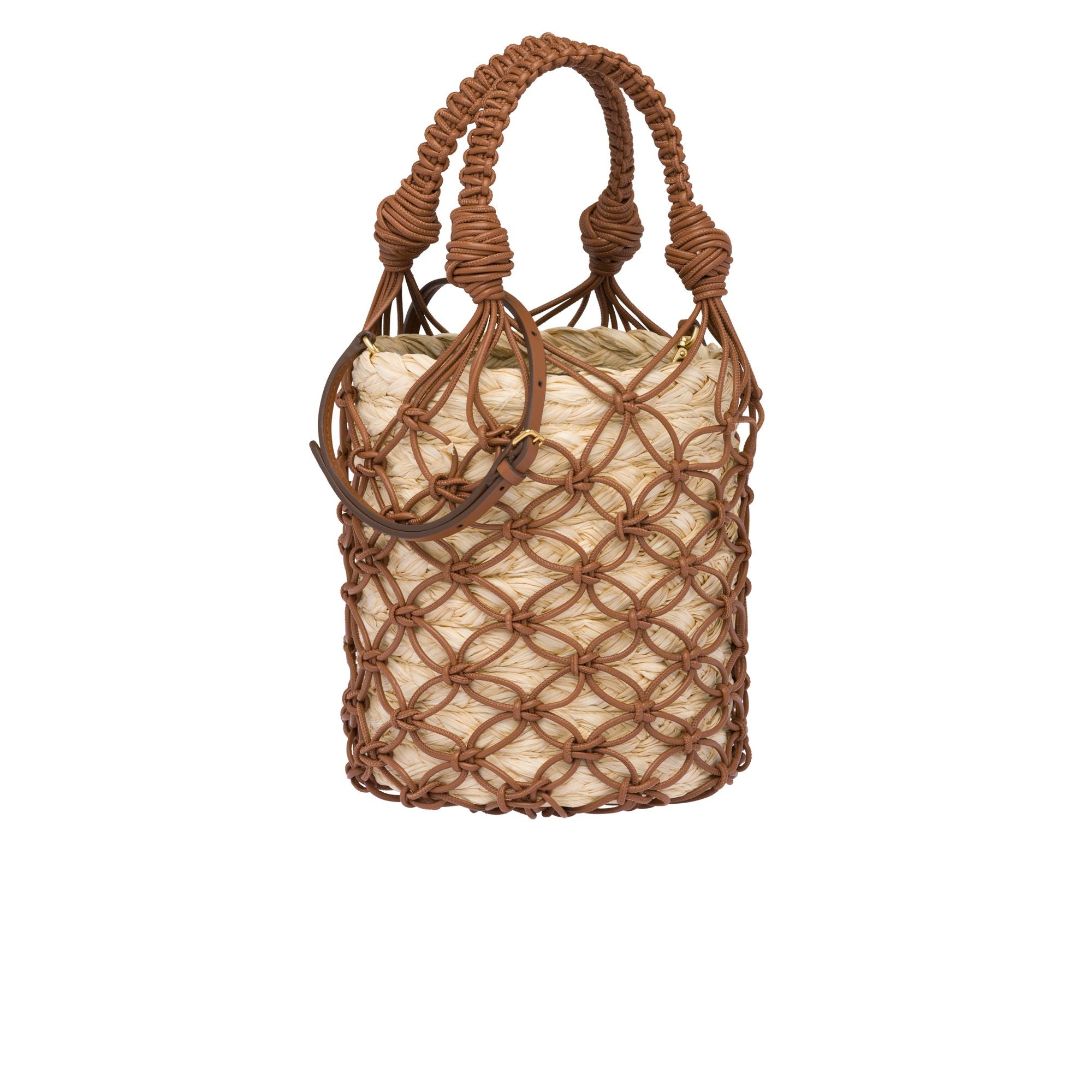 Women Leather Mesh And Straw Bucket Bag - Naturale+cognac