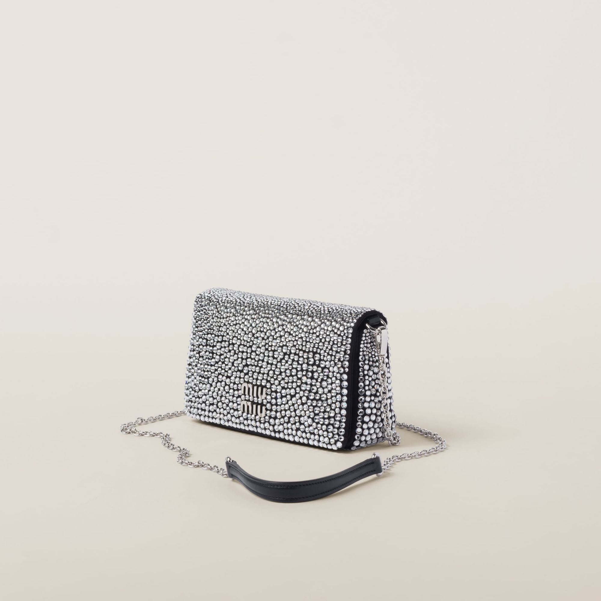 Women Satin Mini-bag With Synthetic Crystals - Nero