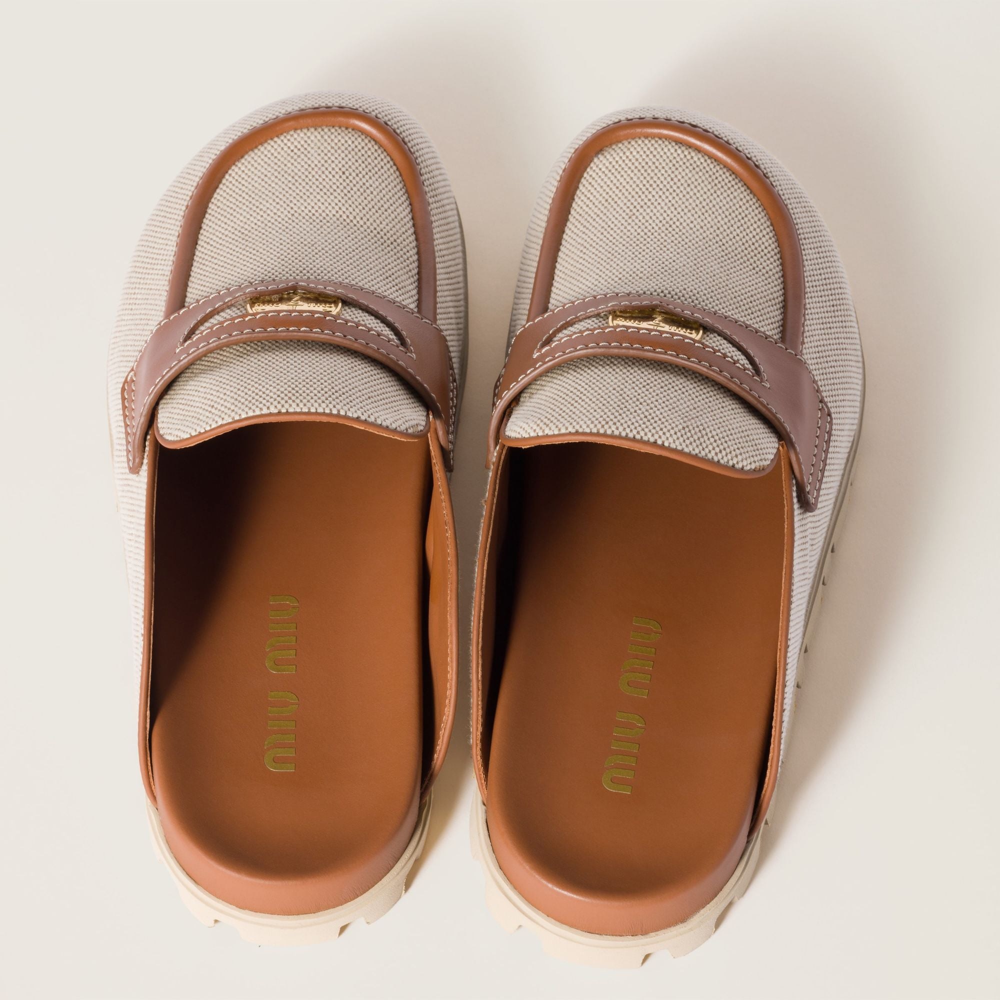 Women Canvas And Leather Mules - Naturale+brandy