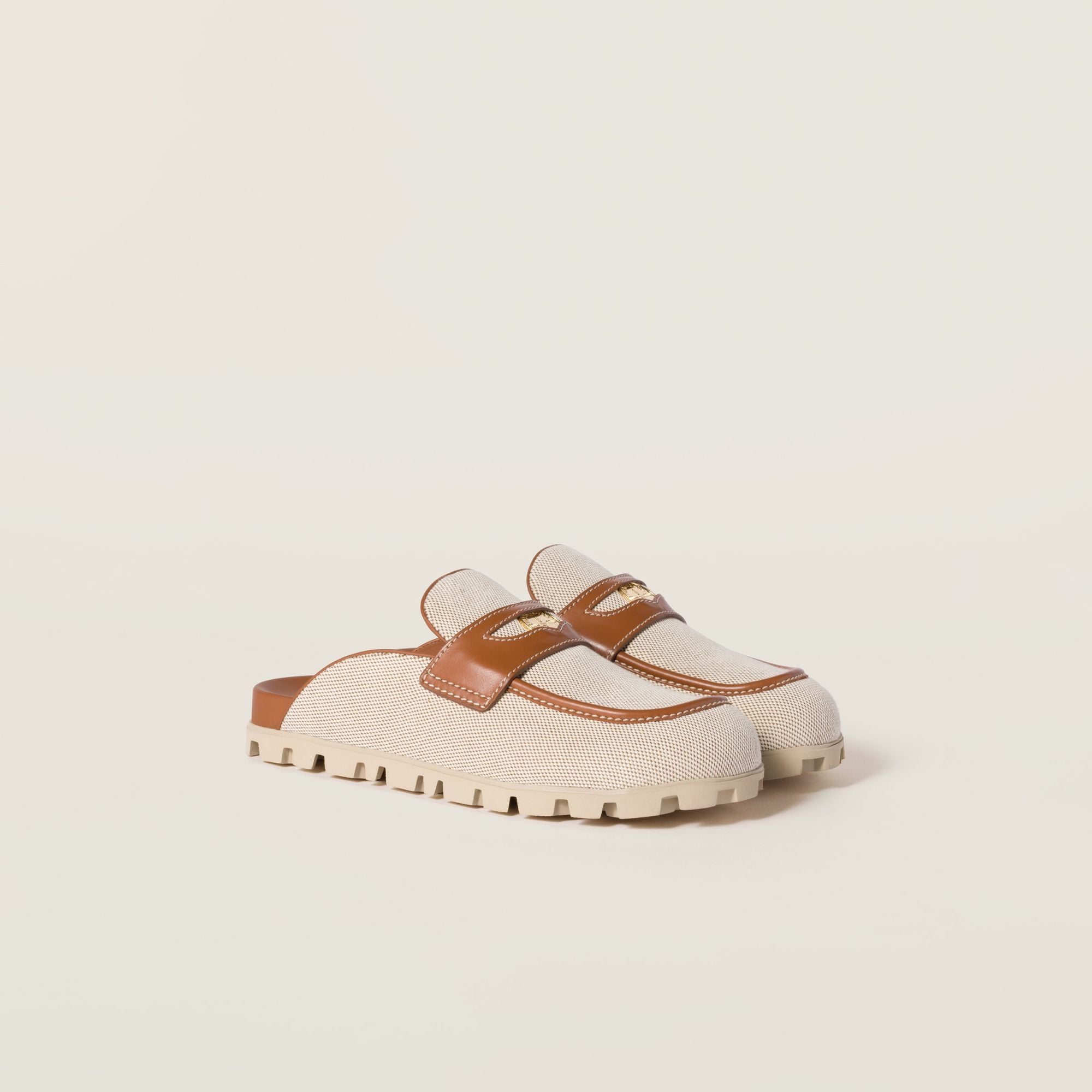 Women Canvas And Leather Mules - Naturale+brandy