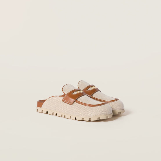 Women Canvas And Leather Mules - Naturale+brandy