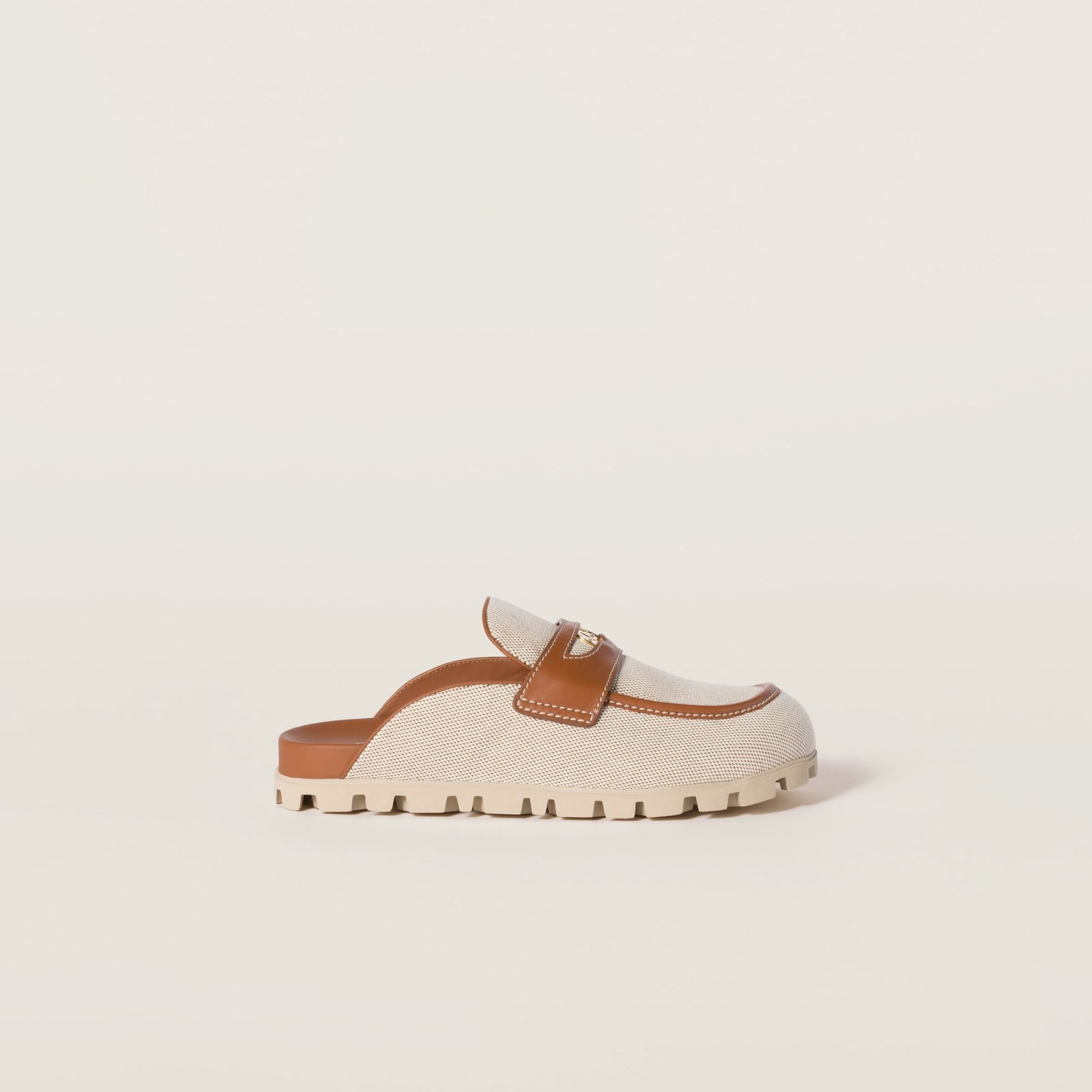 Women Canvas And Leather Mules - Naturale+brandy