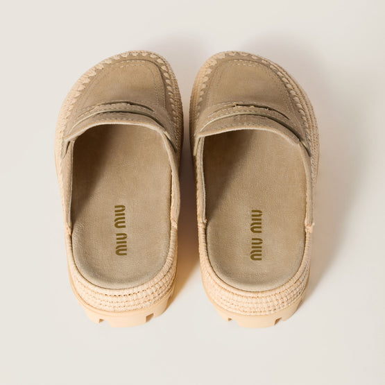 Women Suede And Raffia Flatform Mules - Ecru'