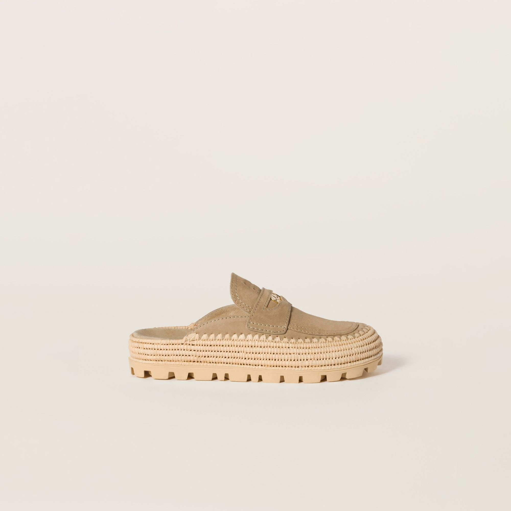 Women Suede And Raffia Flatform Mules - Ecru'