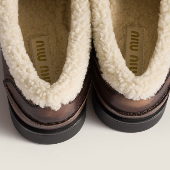 Women Bleached Leather And Shearling Penny Loafers - Ebano
