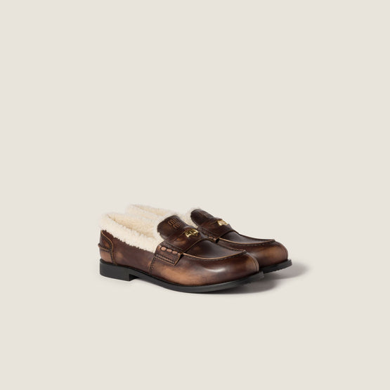 Women Bleached Leather And Shearling Penny Loafers - Ebano