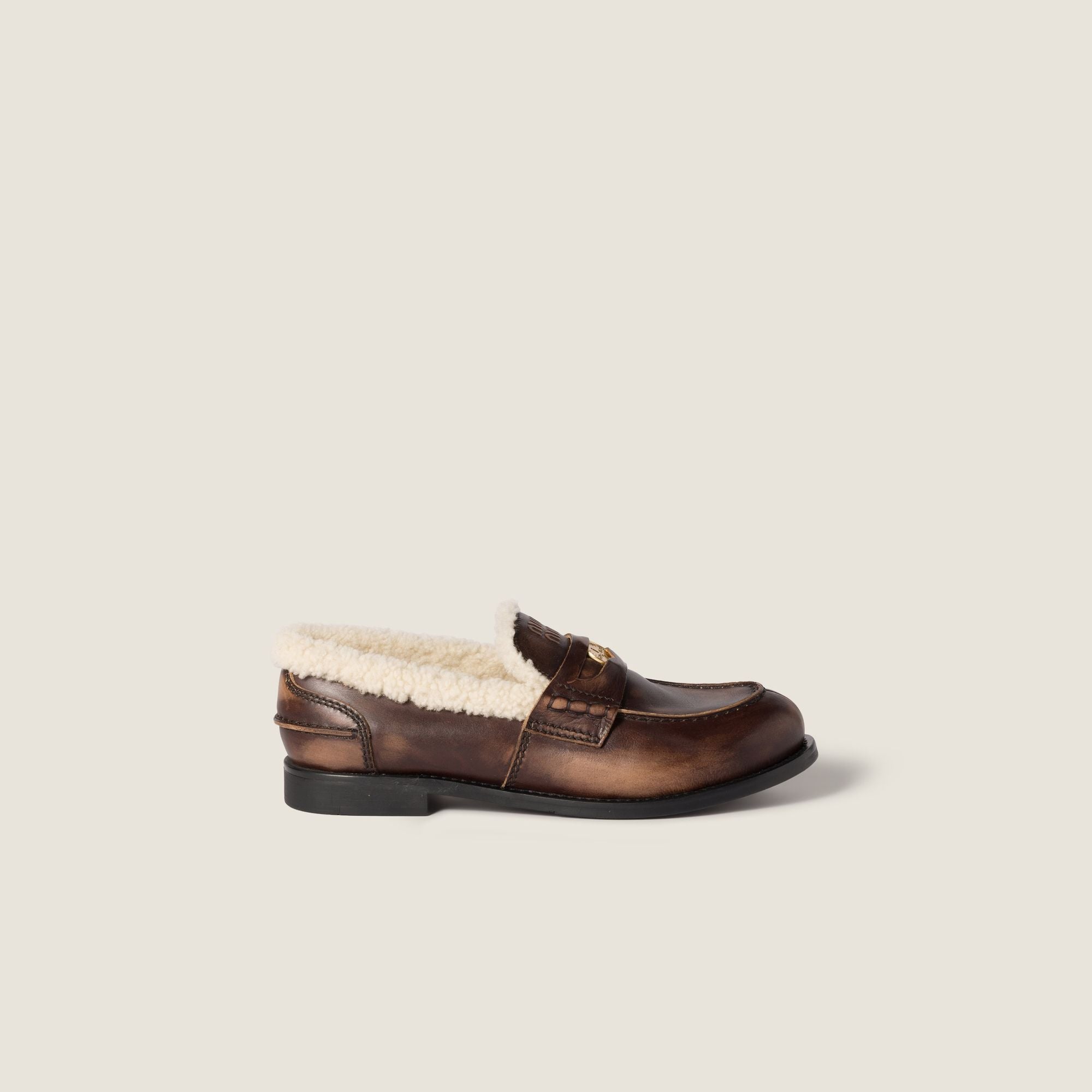 Women Bleached Leather And Shearling Penny Loafers - Ebano
