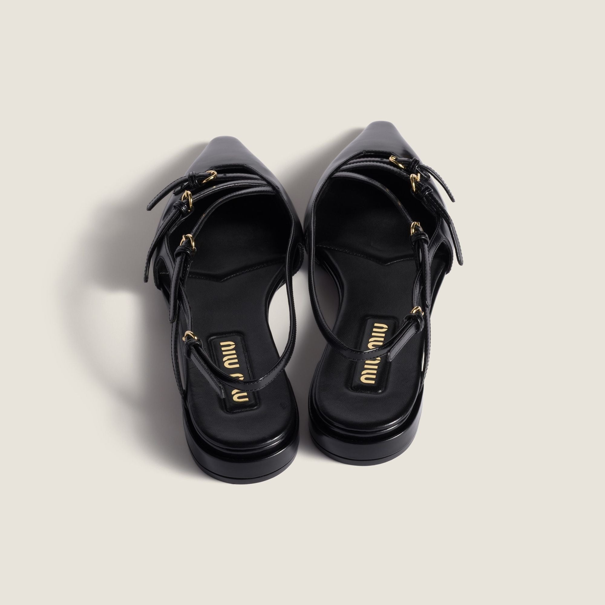 Women Leather Slingback Ballerinas With Buckles - Nero