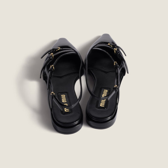Women Leather Slingback Ballerinas With Buckles - Nero