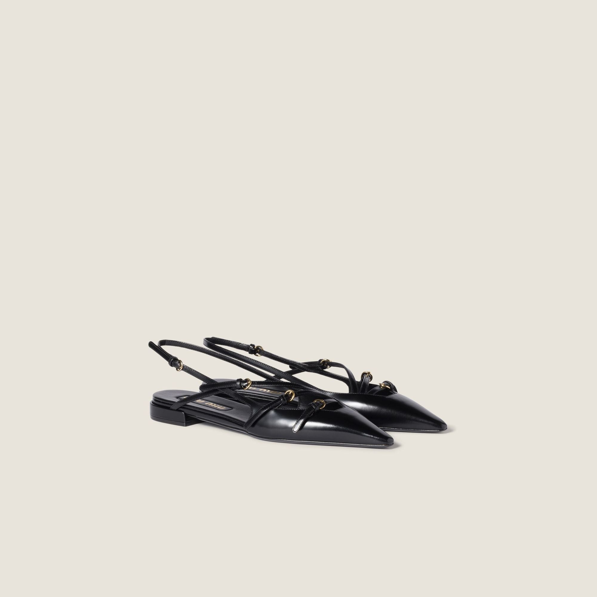Women Leather Slingback Ballerinas With Buckles - Nero