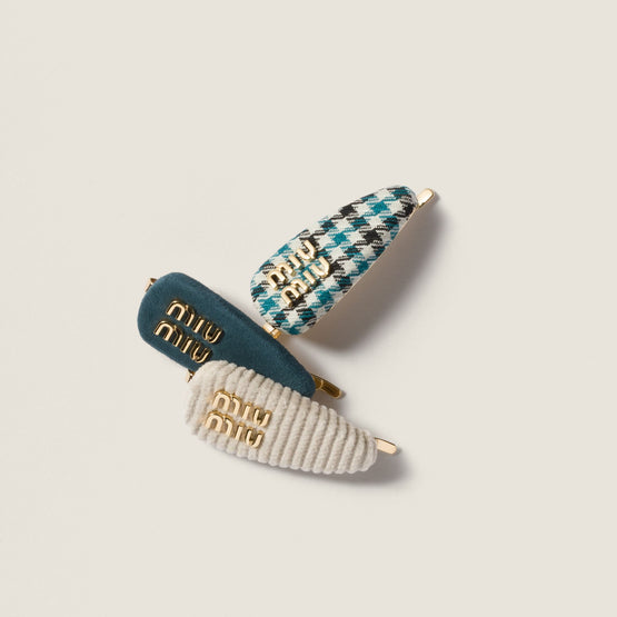 Checked fabric, corduroy and suede hair barrettes