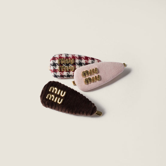 Checked fabric, corduroy and suede hair barrettes