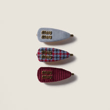 Checked fabric, corduroy and suede hair barrettes