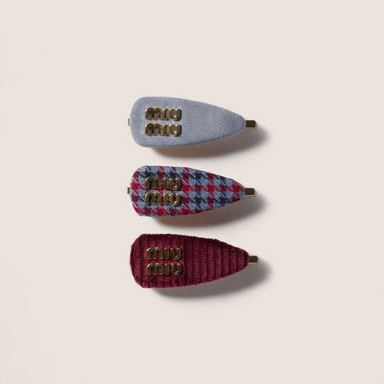 Checked fabric, corduroy and suede hair barrettes
