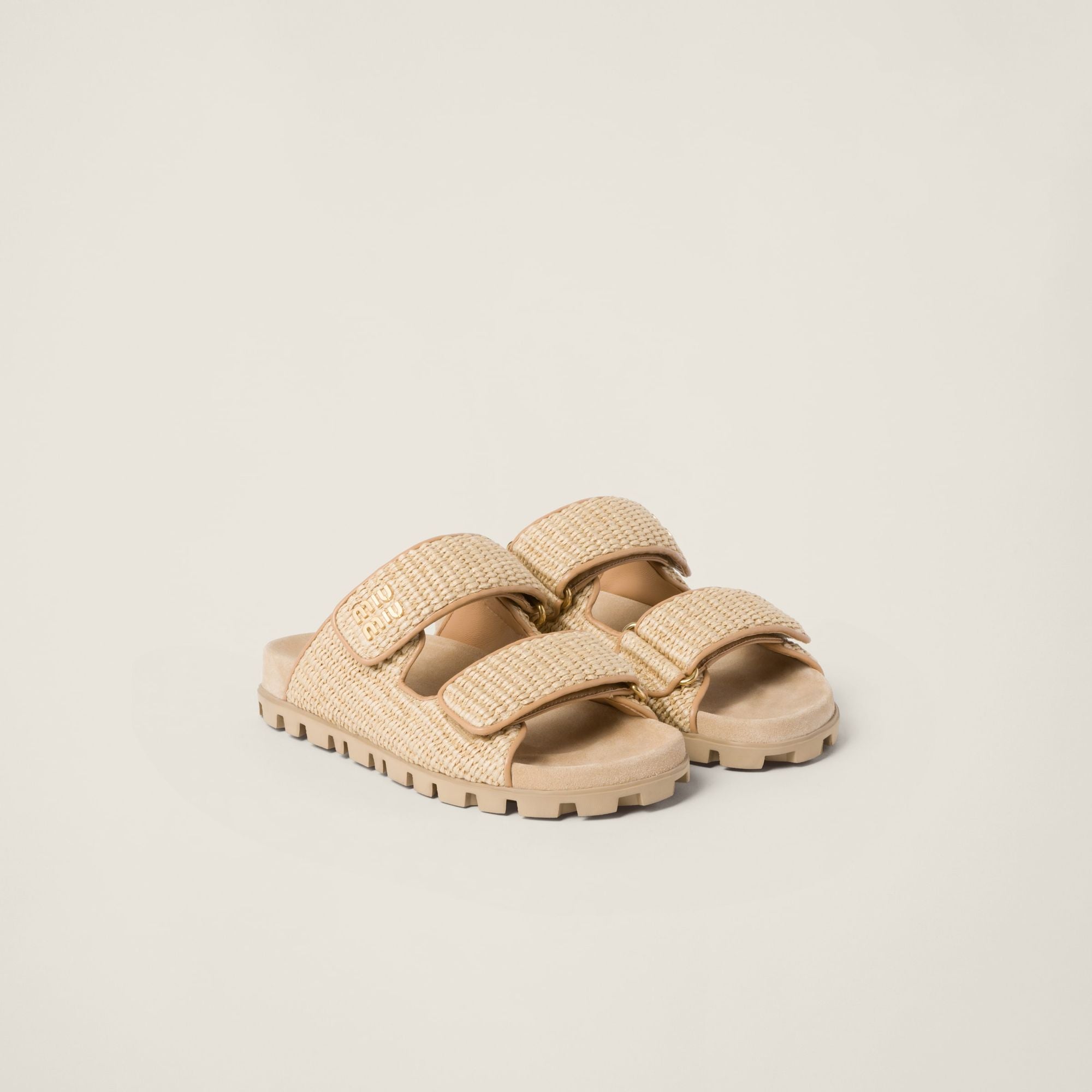 Women Raffia-effect Woven Fabric Slides - Naturale