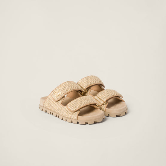 Women Raffia-effect Woven Fabric Slides - Naturale