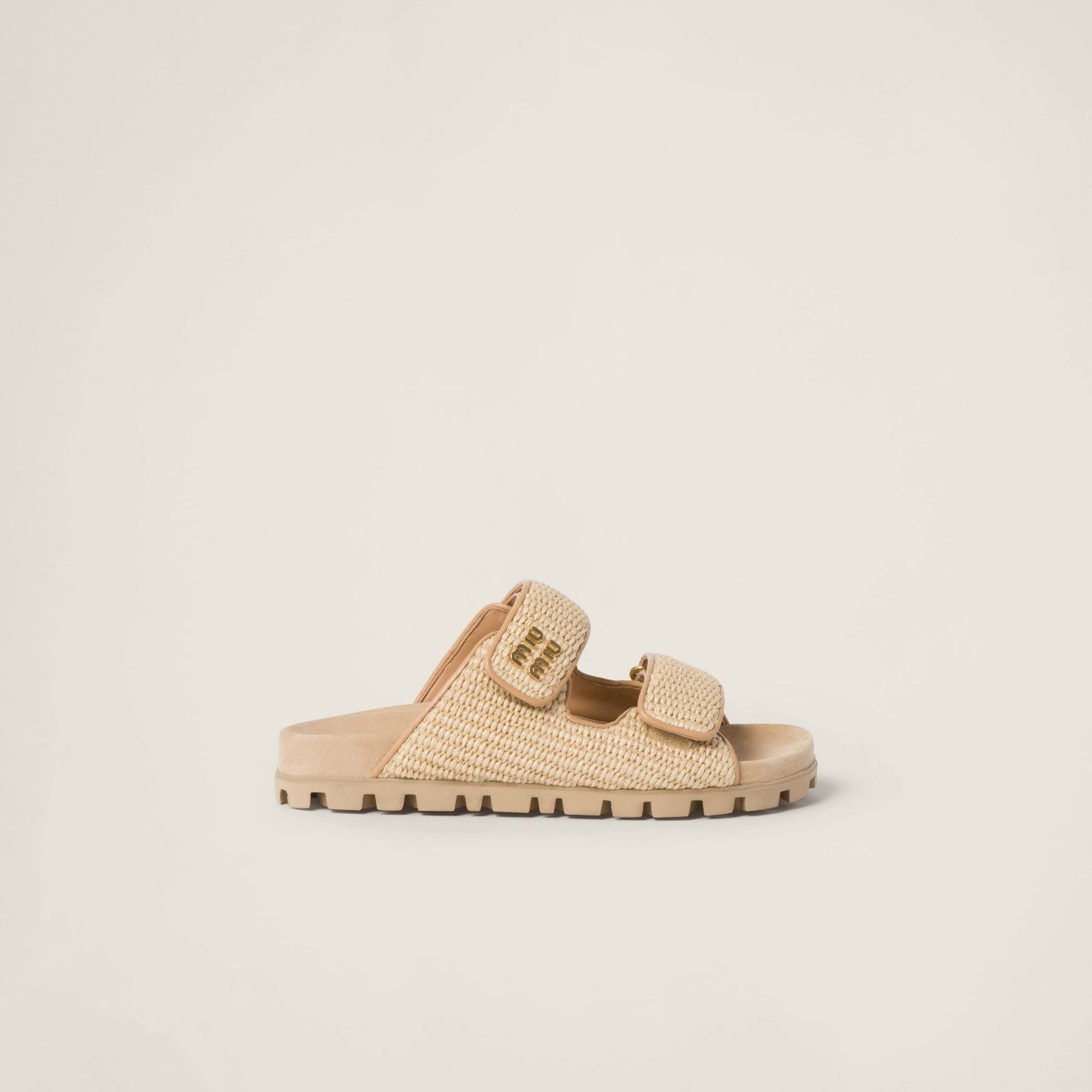 Women Raffia-effect Woven Fabric Slides - Naturale