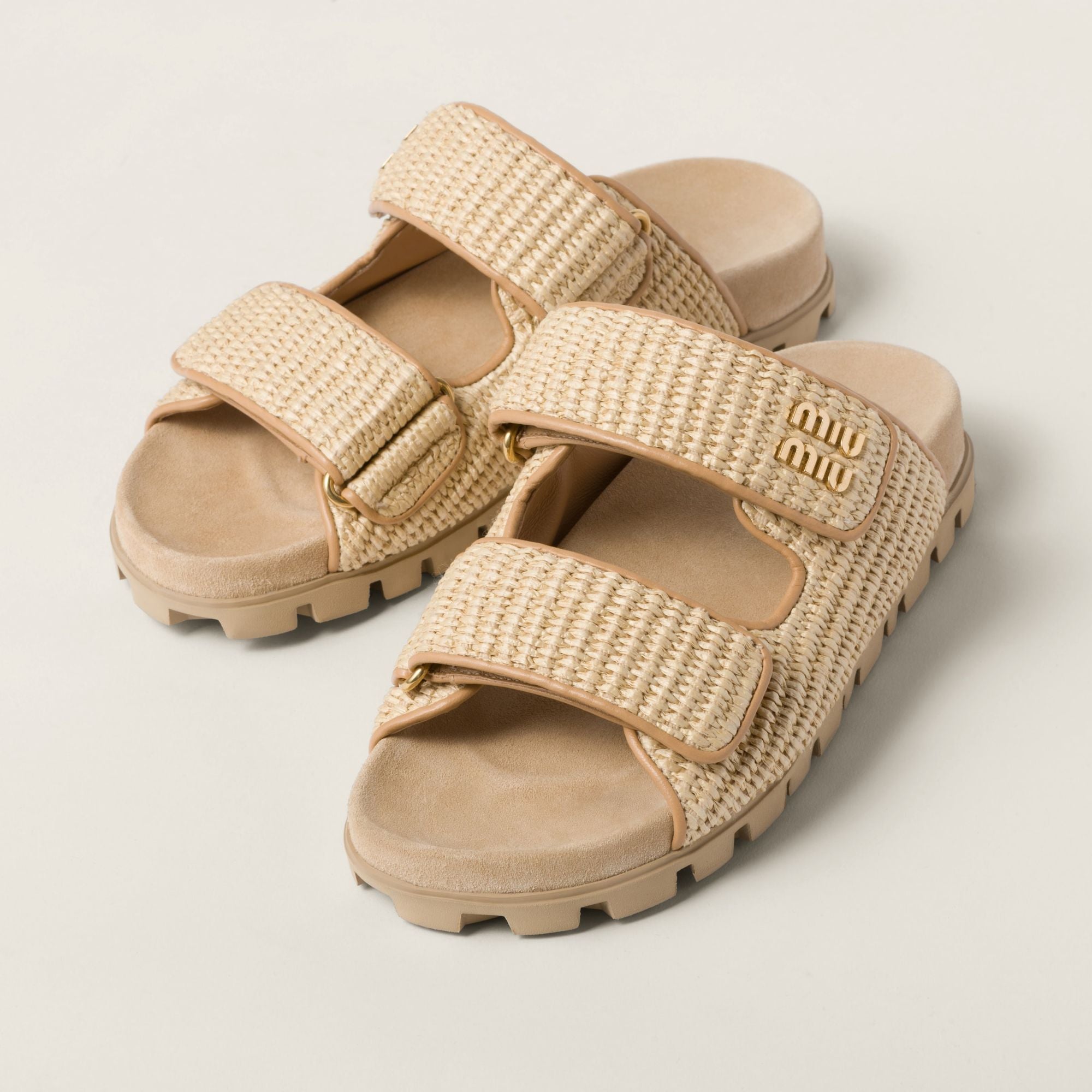 Women Raffia-effect Woven Fabric Slides - Naturale