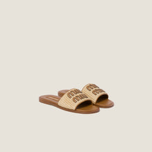 Women Raffia-effect Woven Fabric Slides - Naturale