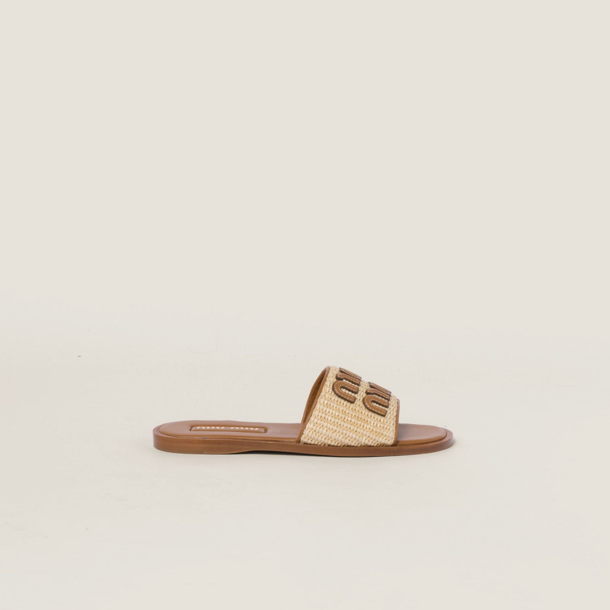 Women Raffia-effect Woven Fabric Slides - Naturale