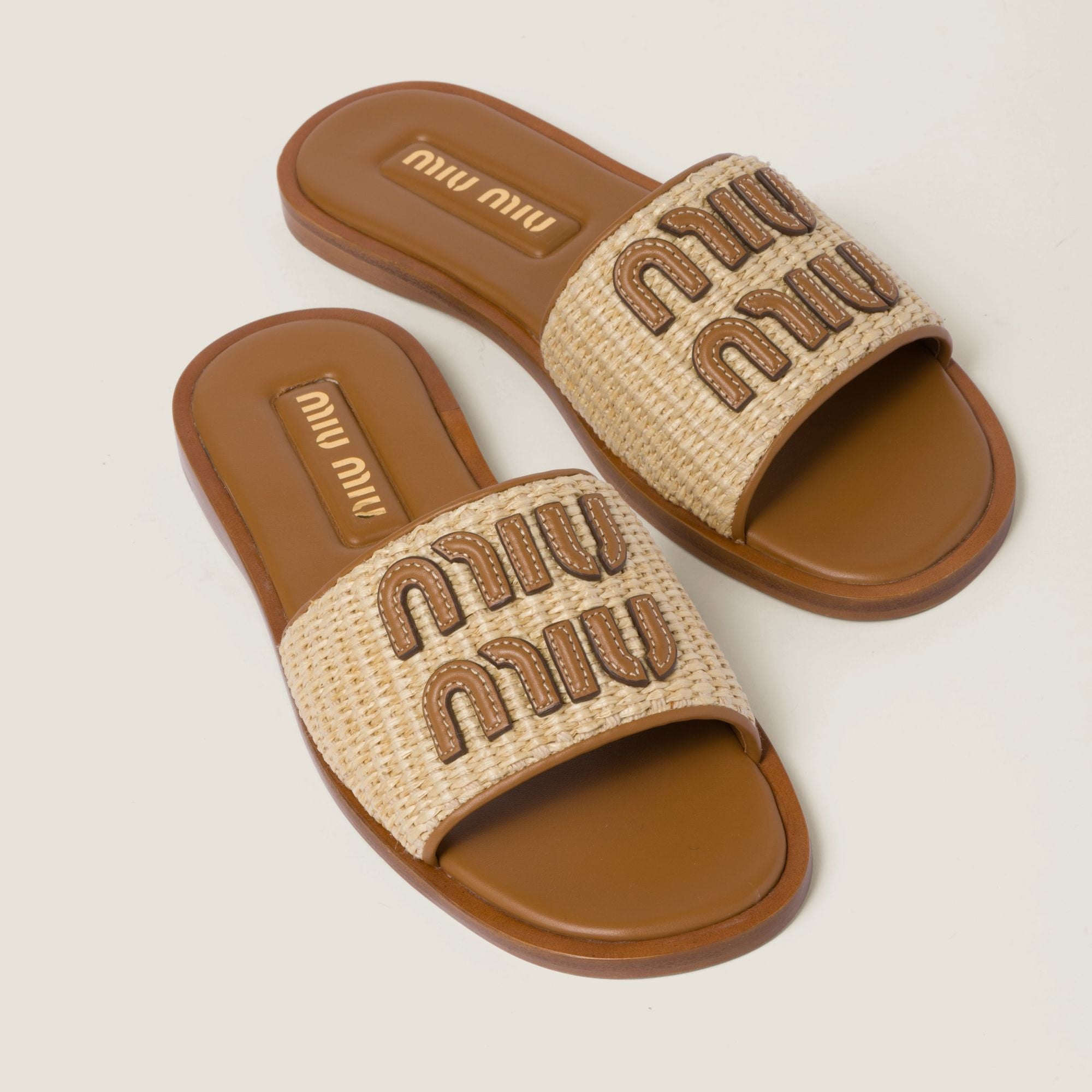 Women Raffia-effect Woven Fabric Slides - Naturale