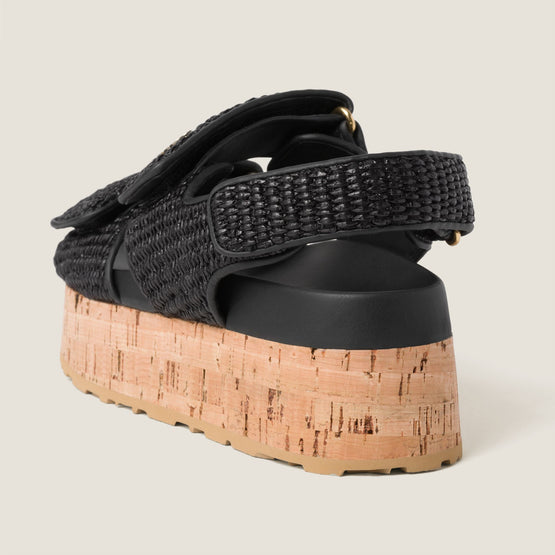 Raffia-effect woven fabric wedge sandals