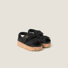 Raffia-effect woven fabric wedge sandals