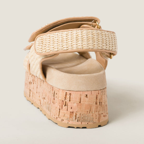 Raffia-effect woven fabric flatform sandals