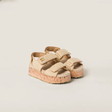 Raffia-effect woven fabric flatform sandals