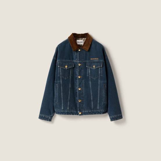 Women Flocked Denim And Velvet Blouson Jacket - Bleu