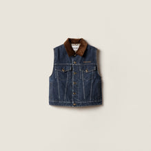 Women Flocked Denim And Velvet Vest - Bleu