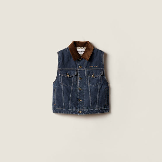 Women Flocked Denim And Velvet Vest - Bleu