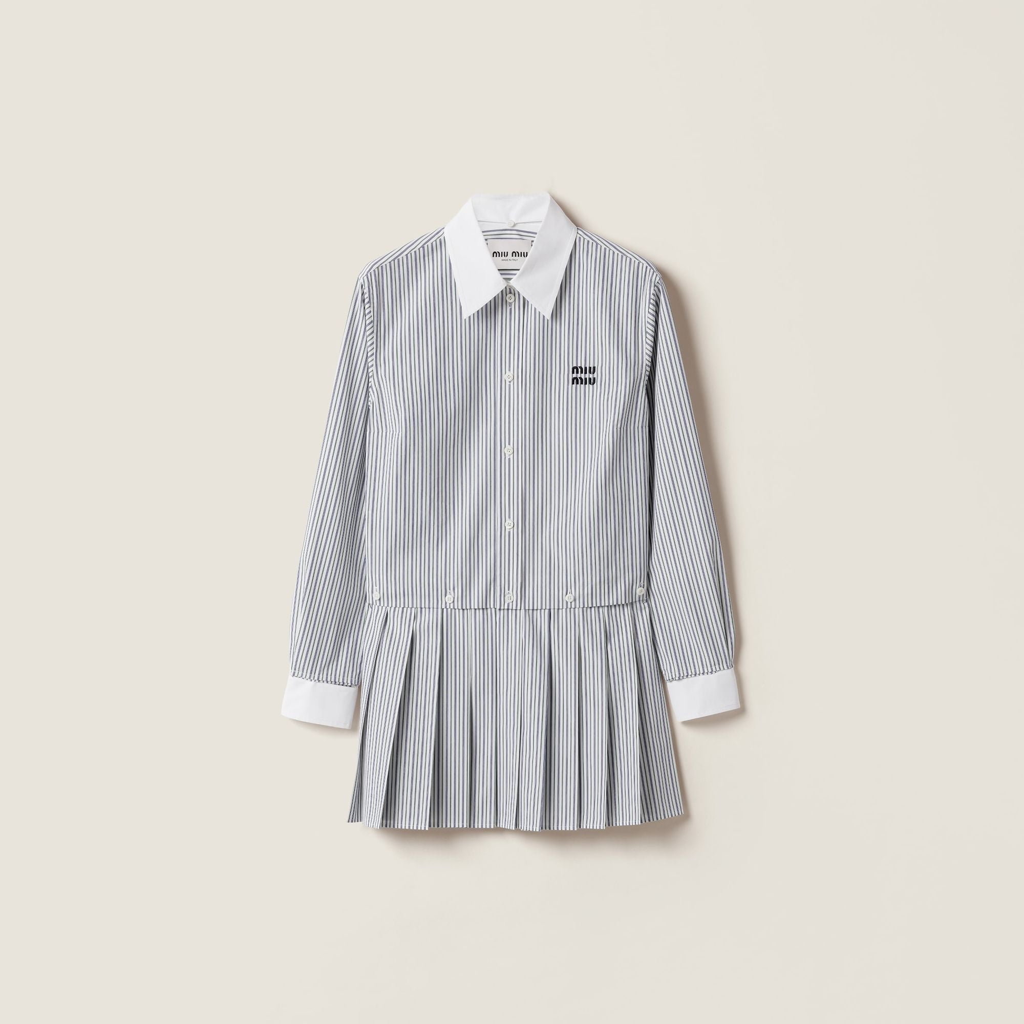 Women Pleated Striped Poplin Mini-dress - Bianco+blu