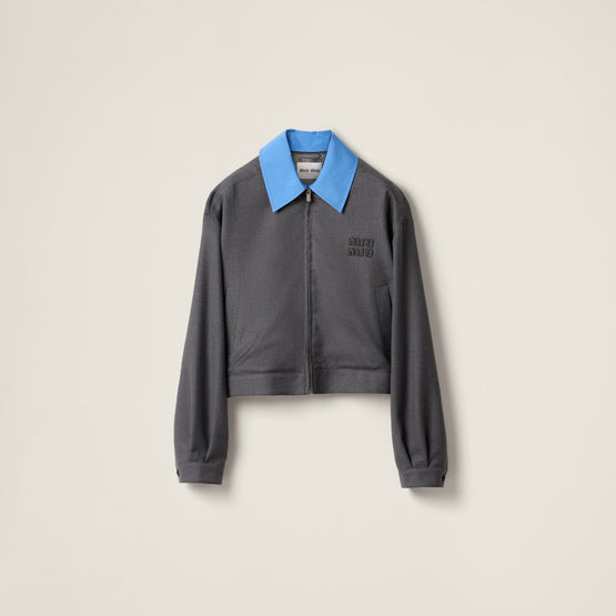 Women Gabardine Blouson Jacket With Poplin Collar - Antracite