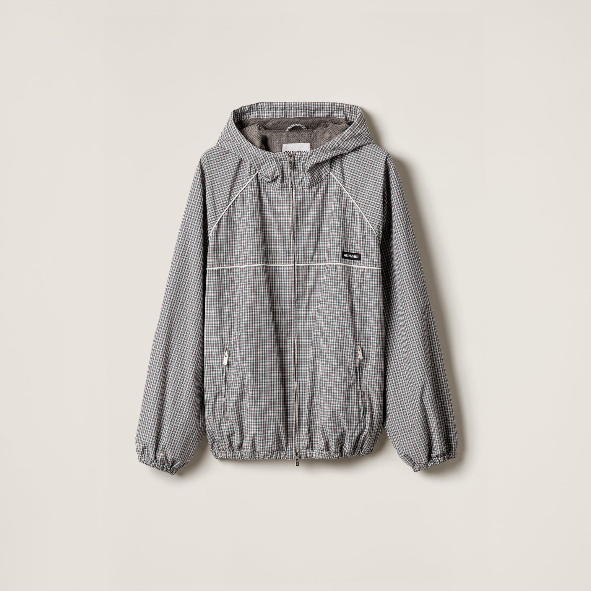 Women Checked Technical Fabric Bomber Jacket - Bottiglia+bianco