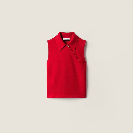 Women Sleeveless Cashmere Polo Shirt - Rosso