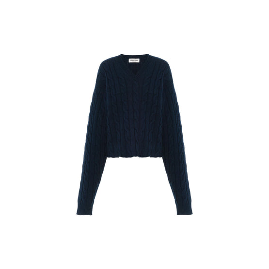Women Cashmere V-neck Sweater - Bleu