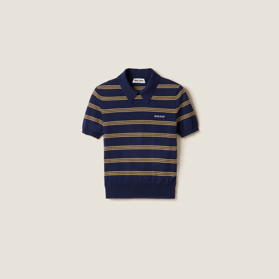 Women Striped Cashmere And Silk Polo Sweater - Bleu