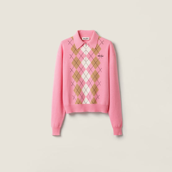 Women Cashmere Half-zipper Polo Shirt - Rosa