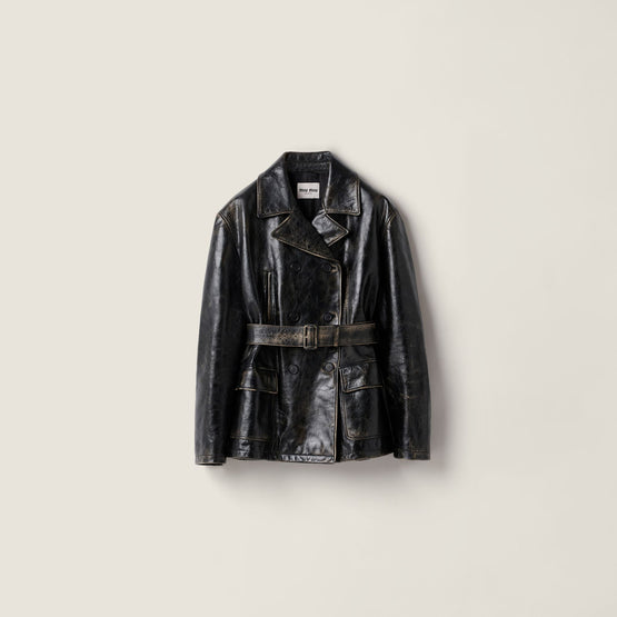 Double-breasted calf leather caban jacket