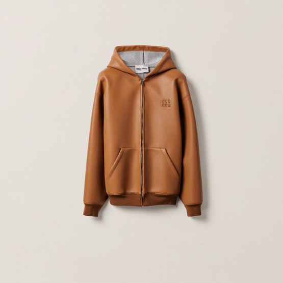 Nappa leather and bonded jersey hoodie jacket