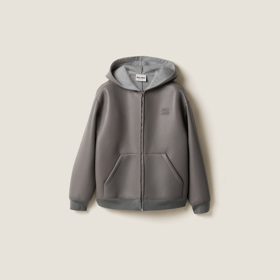 Nappa leather and bonded jersey hoodie jacket