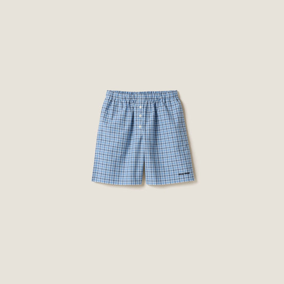 Women Checked Poplin Boxer Shorts - Celeste+blu